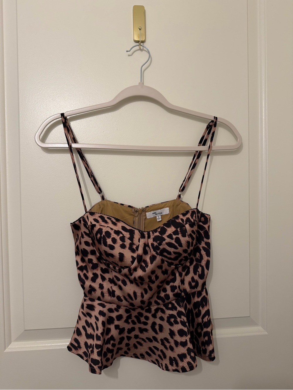 Leopard Print Satin Peplum Cami Top - Tan & Black